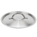 A close-up of a silver Vollrath stainless steel domed lid with a handle.