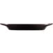 A black rectangular stoneware dish with handles.