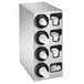 A silver stainless steel Vollrath countertop cup dispenser with white cups inside.
