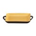 A rectangular yellow stoneware baking dish with a brown bottom and a handle.