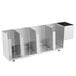 A stainless steel rack with four sections for Vollrath lids.