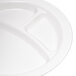 A Carlisle white polycarbonate plate with three compartments.