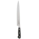 A Mercer Culinary Renaissance forged carving knife with a black handle and silver blade.