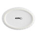 An Acopa bright white fluted porcelain oval dish with the word "Acopa" in black.