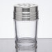 A clear glass cheese shaker with a stainless steel top.