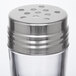 A clear glass cheese shaker with a stainless steel top and holes.