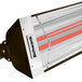 A close-up of a mineral bronze Schwank electric patio heater with red trim.