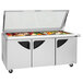 A Turbo Air 3 door refrigerated sandwich prep table with glass lids.
