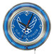A white Holland Bar Stool clock with blue and silver accents and the United States Air Force logo in blue neon.