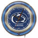 A blue and silver clock with Penn State logo in blue neon.