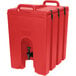A red Cambro insulated beverage dispenser with a tap and two handles.
