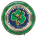 A green and blue Holland Bar Stool University of Notre Dame neon clock with a clover design.