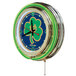 A green and blue Holland Bar Stool neon clock with a Notre Dame shamrock design.