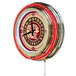 A white and red Holland Bar Stool clock with Indian Motorcycle in the center and a red rim.