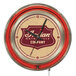 A Holland Bar Stool Indian Motorcycle neon clock with a red rim and white face with the Indian Motorcycle company logo in the center.