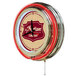 A white decorative clock with an Indian Motorcycle logo and a red rim.