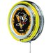 A Holland Bar Stool Pittsburgh Penguins neon wall clock with a logo of a penguin in a yellow circle.
