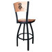 A black steel bar stool with a maple wood seat and back featuring a University of Wisconsin logo.