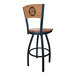 A black steel bar stool with a maple back and seat engraved with the United States Marine Corps logo.