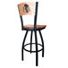 A black steel bar height swivel chair with a Chicago Blackhawks logo and maple wood seat.