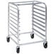 A Channel stainless steel steam table pan rack with black wheels.