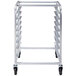 A Channel stainless steel steam table pan rack with wheels.