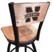 A black steel bar height swivel chair with maple wood back and seat and University of Nebraska logo laser engraved on the back.