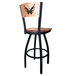A black steel bar stool with maple wood back and seat with a Washington Capitals logo laser engraved on the back.