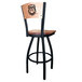 A black steel bar stool with a maple wood seat and back engraved with the University of Georgia bulldog logo.
