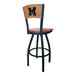 A black steel bar height chair with a maple wood seat and back laser engraved with a University of Michigan letter and logo.