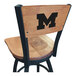 A black steel bar height chair with a maple wooden seat and back, with a University of Michigan logo on the back.