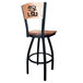 A black steel bar height chair with maple wood seat and back engraved with the LSU tiger logo.