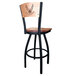 A black steel bar stool with a United States Air Force logo laser engraved on the maple wood seat.
