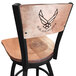 A black steel bar height swivel chair with a maple wooden back and seat with a United States Air Force logo laser engraved on it.