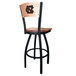 A black steel bar height swivel chair with maple back and seat engraved with the University of North Carolina logo.