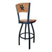 A black steel bar height swivel chair with a maple wood seat and back engraved with the University of Kentucky logo.