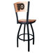 A black steel bar height swivel chair with a maple wood back and seat engraved with the Philadelphia Flyers logo.