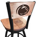 A black steel bar height swivel chair with maple back and seat and a Penn State University logo laser engraved on the back.
