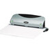 A black and silver Swingline 3 hole punch on a white background with white paper in it.