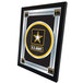 A white and black decorative mirror with a United States Army logo on the black frame.