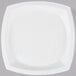 A white square Bare by Solo compostable sugarcane plate with a logo on it.