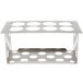 A stainless steel Eagle Group bottle organizer shelf with holes.