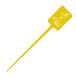 A yellow plastic pick with a white logo.