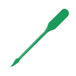 A green plastic paddle pick with a pointed tip.