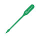 A close-up of a green plastic paddle pick with the word "green" on it.