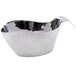 A stainless steel gravy boat with a curved handle.