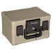 A beige FireKing lockable fire and water chest with a lock.