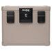 A tan and black FireKing SureSeal fire and water chest with black locks and a keyhole.