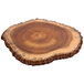 A Tablecraft acacia wood round serving board with a ring on it.