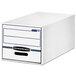 A white file storage drawer with a blue handle.